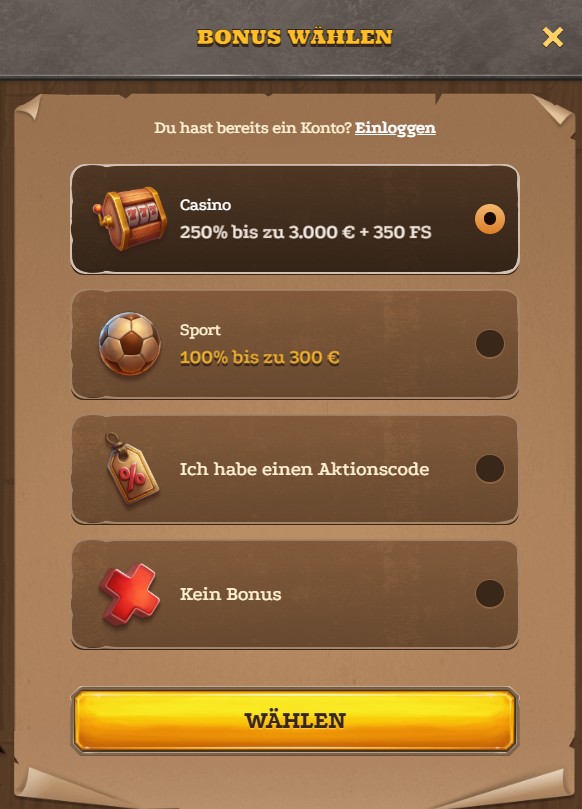 Lizaro Registrierung - Bonus auswählen